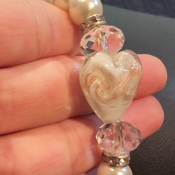 Murano Glass Look Heart Stretch Bracelet Faux Pearl Beaded Rhinestone - Picture 8 of 9